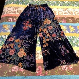 Johnny Was velvet silk and cotton blend floral wide leg pants with elastic waist